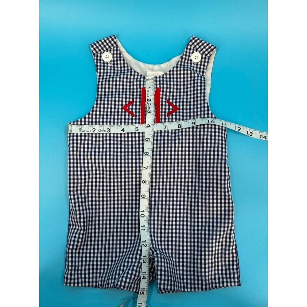 Kelly’s Kids Boys 12M Navy Gingham Monogram Shortall Jon Jon Romper NWOT Vintage